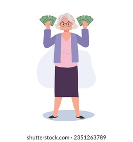 Wealthy Senior Enjoying Financial Success. Full Length Illustration of Elderly Woman Holding Money Fan.