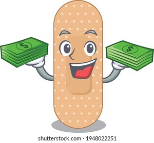 A wealthy standard bandage cartoon character having much money on hands. Vector illustration