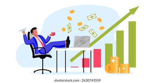 Wealthy, successful investor, passive investment and profit concept. Man sitting in office and looking for growing financial stock market chart, gold coins and green arrow. Vector illustration