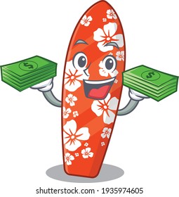 A wealthy surfboard cartoon character having much money on hands. Vector illustration