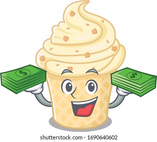 A wealthy vanilla ice cream cartoon character having money on hands