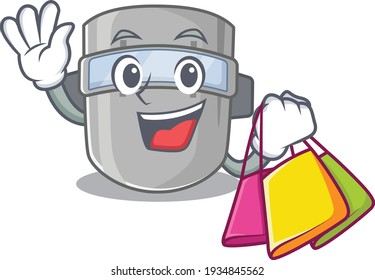 wealthy welding mask cartoon character with shopping bags