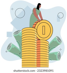 Wealthy woman stands on pile of gold coins. Business character with money. Happy successfull employee with mountain of coins, standing by banknotes and big stack of cash. Financial well-being