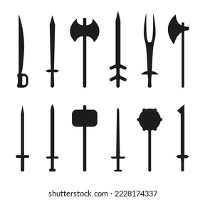 Juego de iconos de silueta negra antigua con arma. Espada de muestra medieval. Colección de hacha y mace de guerra. Manejar el eclosión. Diseño militar antiguo. Una espada afilada antigua. Signo simple antiguo