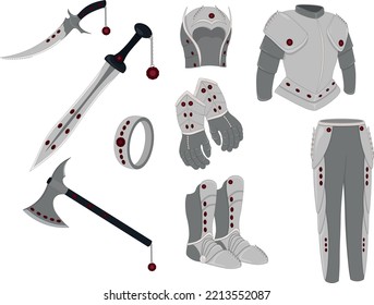 Weapon and armor game asset, one style weapons and armor equipment collection vector illustration