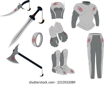 Weapon and armor game asset, one style weapons and armor equipment collection vector illustration