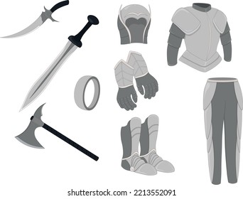 Material de juego de armas y armaduras, un estilo de armas y equipo de blindaje ilustración vectorial
