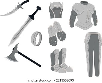 Material de juego de armas y armaduras, un estilo de armas y equipo de blindaje ilustración vectorial