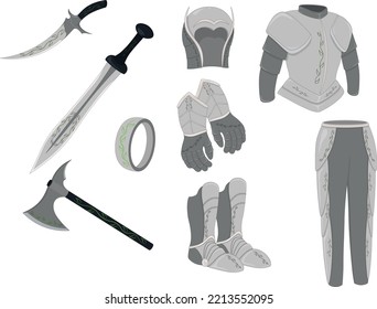 Weapon and armor game asset, one style weapons and armor equipment collection vector illustration