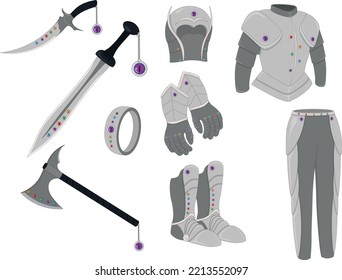 Weapon and armor game asset, one style weapons and armor equipment collection vector illustration