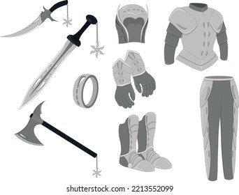 Weapon and armor game asset, one style weapons and armor equipment collection vector illustration