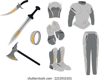 Material de juego de armas y armaduras, un estilo de armas y equipo de blindaje ilustración vectorial