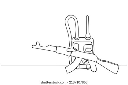 Arma, mochila con comunicación por radio. Un plano de línea continua del equipo de Soldier. Concepto: fuerzas armadas, servicio y seguridad, militares y navales, mercenarios. Vector
