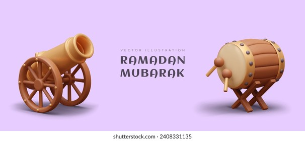 Weapon and bedug drum on purple background. Religious cannon and musical instrument. Call to prayer concept. Vector illustration in 3d style with place for text