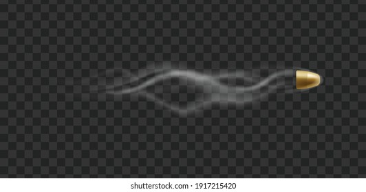 Weapon bullet flies leaving trail of smoke, realistic vector illustration isolated on dark transparent background. Mockup of military and army design element.