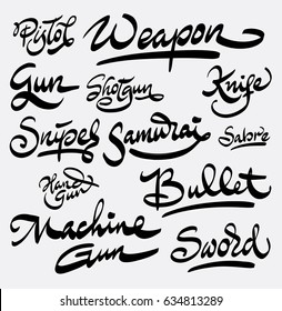 Weapon and bullet hand written typography. Good use for logotype, symbol, cover label, product, brand, poster title or any graphic design you want. Easy to use or change color 