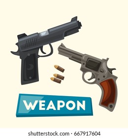 Weapon. Cartoon vector illustration. Pistols and bullets
