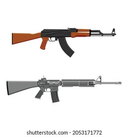 Colección de armas. Ilustración vectorial AK Kalashnikov ametralladora y rifle m16 aislados en fondo blanco.