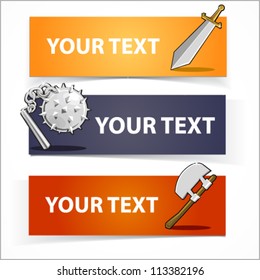Weapon colorful headers or banners set. Cartoon vector elements