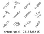Weapon combat set icon. Curved saber, mining pickaxe, wavy dagger, short sword, pointed spear, throwing shuriken, brass knuckles, tactical blade, martial equipment collection.