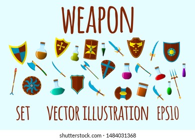 Weapon and Flask Set Icons. Cartoon Vector Illustration.