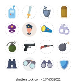 weapon flat icon set with Police water, pistol, gun. binoculars. shield, bomb, hand grenade, handcuffs