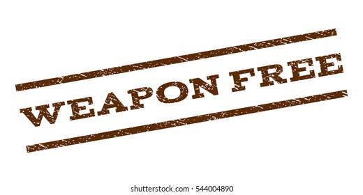 Weapon Free watermark stamp. Text tag between parallel lines with grunge design style. Rubber seal stamp with unclean texture. Vector brown color ink imprint on a white background.