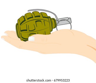 Weapon grenade in hand of the person on white background