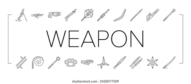 weapon gun game knife war icons set vector. military rifle, sword army, sign sniper, magic fantasy, medieval shield, shotgun weapon gun game knife war black line illustrations