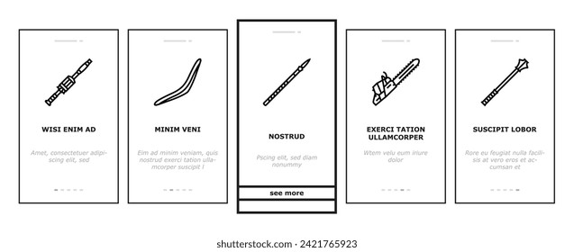 weapon gun game knife war onboarding mobile vector. military rifle, sword army, sign sniper, magic fantasy, medieval shield, shotgun weapon gun game knife war illustrations