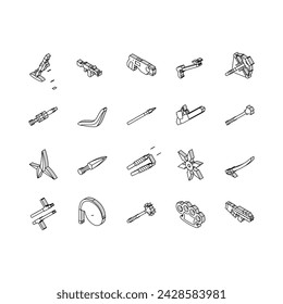 weapon gun game knife war isometric icons set. military rifle, sword army, sign sniper, magic fantasy, medieval shield, shotgun weapon gun game knife war color line