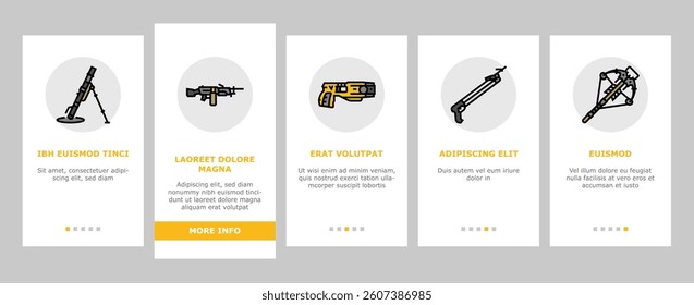 weapon gun game knife war onboarding mobile vector. military rifle, sword army, sign sniper, magic fantasy, medieval shield, shotgun weapon gun game knife war illustrations
