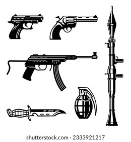 Arma, pistola, cuchillo, rifle, ametralladora, pistola corta, granada de mano ilustración de arte blanco y negro diseño vectorial