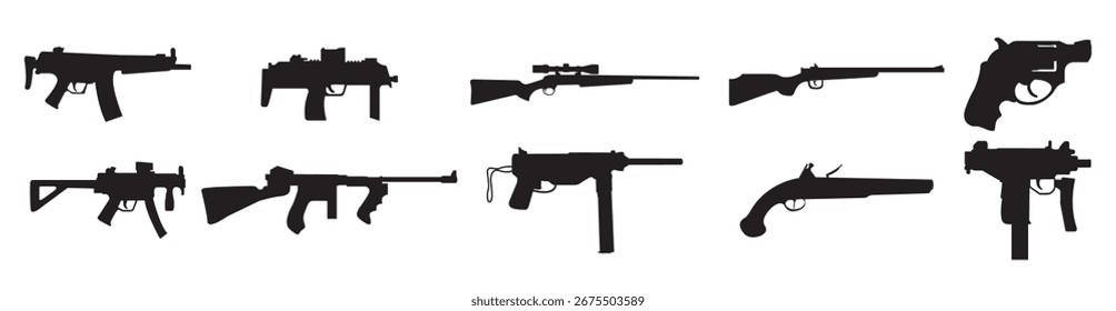 Conjunto de armas Iconos de colección Ilustración vectorial de silueta negra