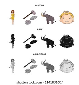 Weapon, hammer, elephant, mammoth .Stone age set collection icons in cartoon,black,monochrome style vector symbol stock illustration web.