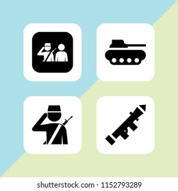 weapon icon. 4 weapon set with soldier with gun saluting a man, soldier, bazooka and war vector icons for web and mobile app