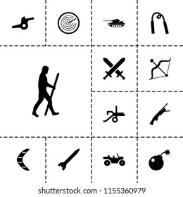 Weapon icon. collection of 13 weapon filled icons such as bow, caveman, bomb, cannon, rocket bomb, tank, submachine gun, radar. editable weapon icons for web and mobile.