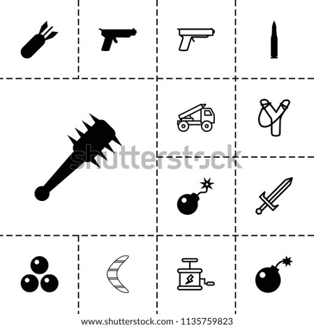 Weapon icon. collection of 13 weapon filled and outline icons such as bomb, rocket bomb, mace, canon ball, bullet, gun, sligshot. editable weapon icons for web and mobile.