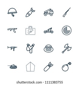 Weapon icon. collection of 16 weapon outline icons such as radar, ninja, sligshot, bomb, rocket bomb, catapult, truck rocket. editable weapon icons for web and mobile.