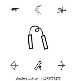 Weapon icon. collection of 7 weapon outline icons such as bow, cannon, submachine gun. editable weapon icons for web and mobile.