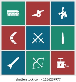 Weapon icon. collection of 9 weapon filled icons such as sword, bow, dynamite, cannon, bullet, rocket bomb, boomerang. editable weapon icons for web and mobile.