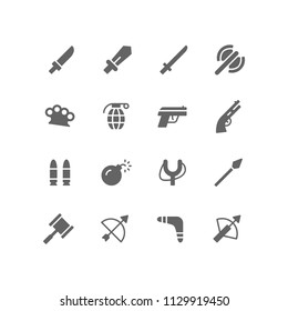 Weapon Icon Design Vector Symbol Set including axe, sword, blade, katana, hammer, grenade, gun, rifle, bomb, bullet, ammo, arrow, archer, crossbow