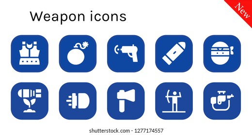  weapon icon set. 10 filled weapon icons. Simple modern icons about  - Armour, Bomb, Water gun, Bullet, Ninja, Missile, Axe, Archery, Rifle