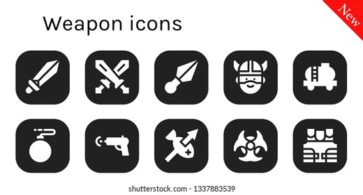 weapon icon set. 10 filled weapon icons.  Simple modern icons about  - Sword, Swords, Kunai, Viking, Tank, Bomb, Water gun, Spear, Biohazard, Bulletproof vest