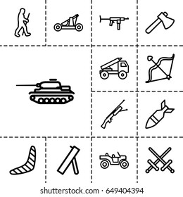 Weapon icon. set of 13 outline weapon icons such as boomerang, axe, bow, caveman, rocket bomb, catapult, cannon, truck rocket, weapon truck, tank, submachine gun