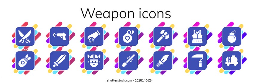 weapon icon set. 14 filled weapon icons. Included Saber, Bomb, Water gun, Sword, Cannon, Viking, Axe, Dagger, Armour, Scythe, Tank icons