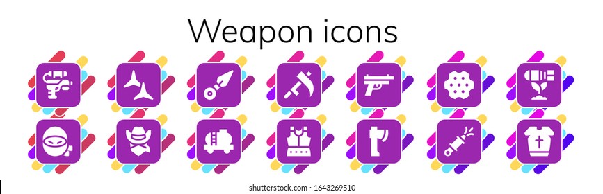 weapon icon set. 14 filled weapon icons.  Simple modern icons such as: Water gun, Ninja, Shuriken, Cowboy, Kunai, Tank, Scythe, Armour, Gun, Axe, Revolver, Bomb