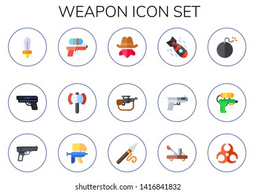 weapon icon set. 15 flat weapon icons.  Simple modern icons about  - sword, gun, water gun, ax, cowboy, rifle, bomb, paintball gun, spear, catapult, biohazard