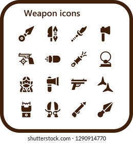  weapon icon set. 16 filled weapon icons. Simple modern icons about  - Kunai, Weapon, Axe, Gun, Missile, Water gun, Cowboy, Ninja, Shuriken, Stun gun, Sword, Spear