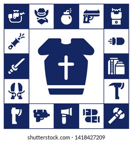 weapon icon set. 17 filled weapon icons.  Collection Of - Rifle, Water gun, Katana, Armour, Sword, Missile, Tank, Axe, Cowboy, Bomb, Gun, Bullets, Stun gun
